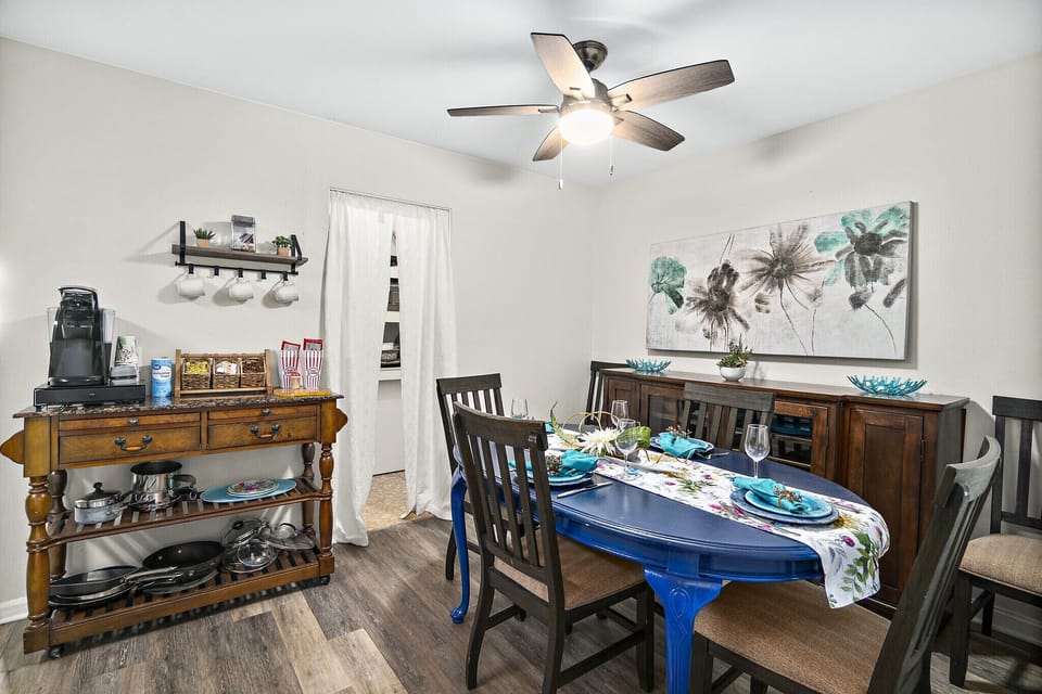 Eat in kitchen with fully stocked coffee bar and Keurig coffee maker. 