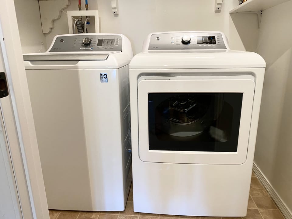 Washer and dryer available for your use. We provide laundry detergent and dryer sheets