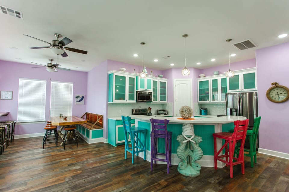 View from the living room overlooking the kitchen & dining room
