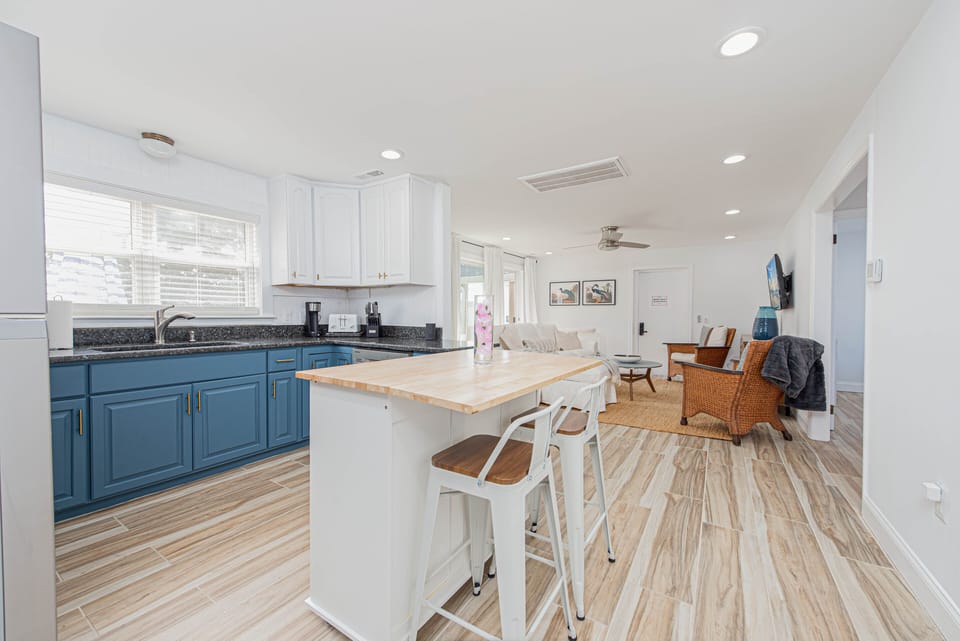 Bright and fully stocked kitchen

