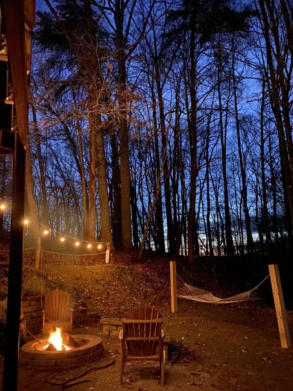 Fire🔥pit, hammock & string lights under Kentucky's night sky. 