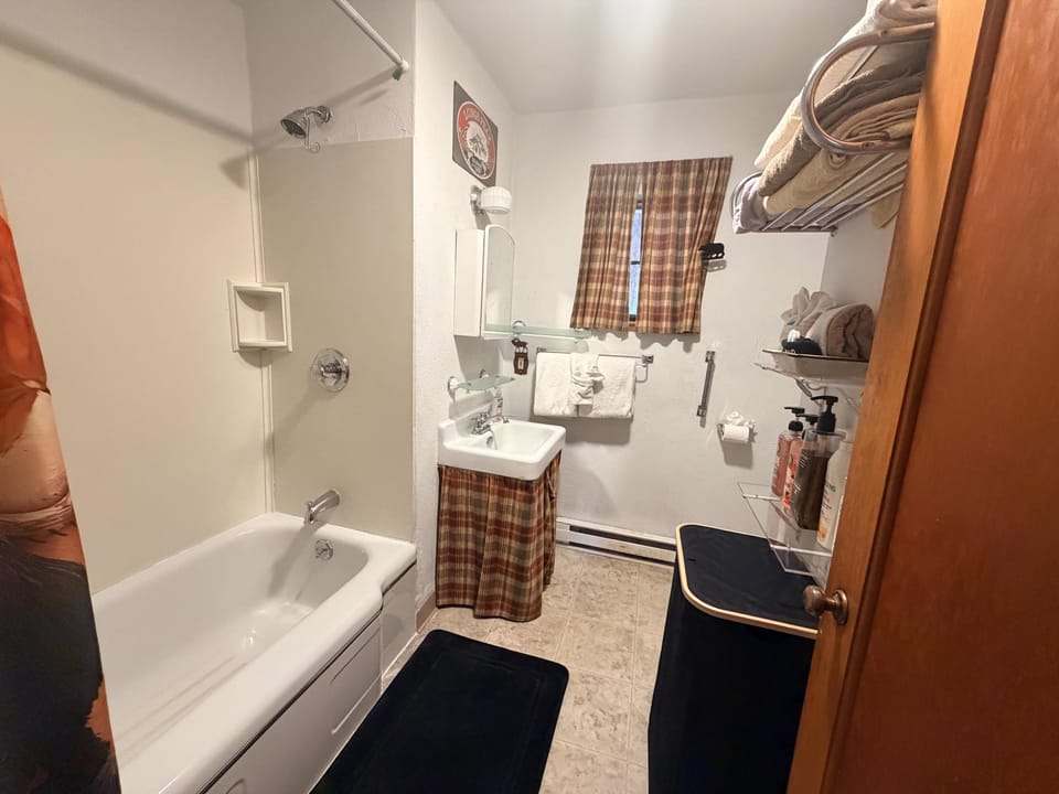 Full bathroom with shower/tub combo, shampoo,conditioner, body wash, face wash, body lotion, bar soap, hair dryer 
