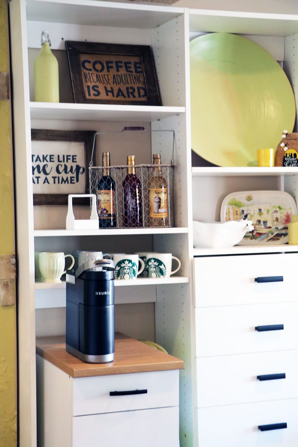 Enjoy coffee of your choice with the Keurig and flavored syrups to choose from.