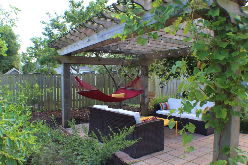 The patio offers the perfect place to kick up your feet and relax.