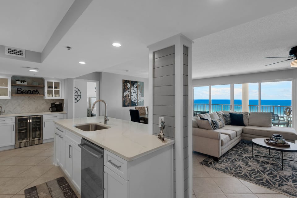 Large kitchen island as seen from west side of kitchen area