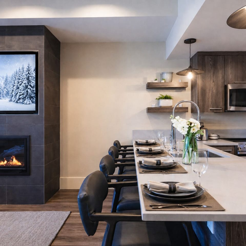 Gather around your modern dining table, where a cozy fireplace creates the perfect ambiance for memorable meals. The sleek kitchen and stylish seating invite effortless entertaining.