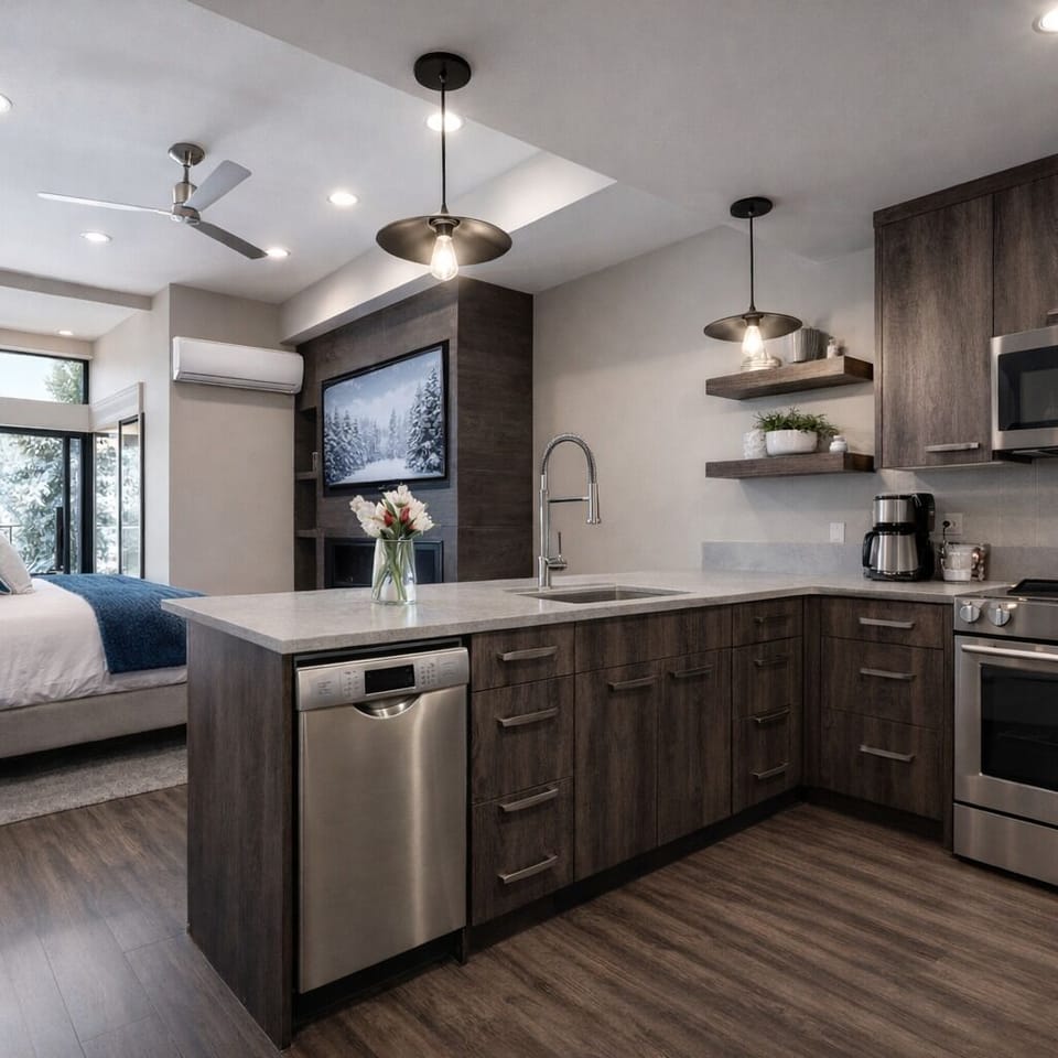 Unwind in this stylish studio condo featuring a fully equipped modern kitchen and a flat-screen TV on a contemporary media wall. A perfect, compact Park City escape.