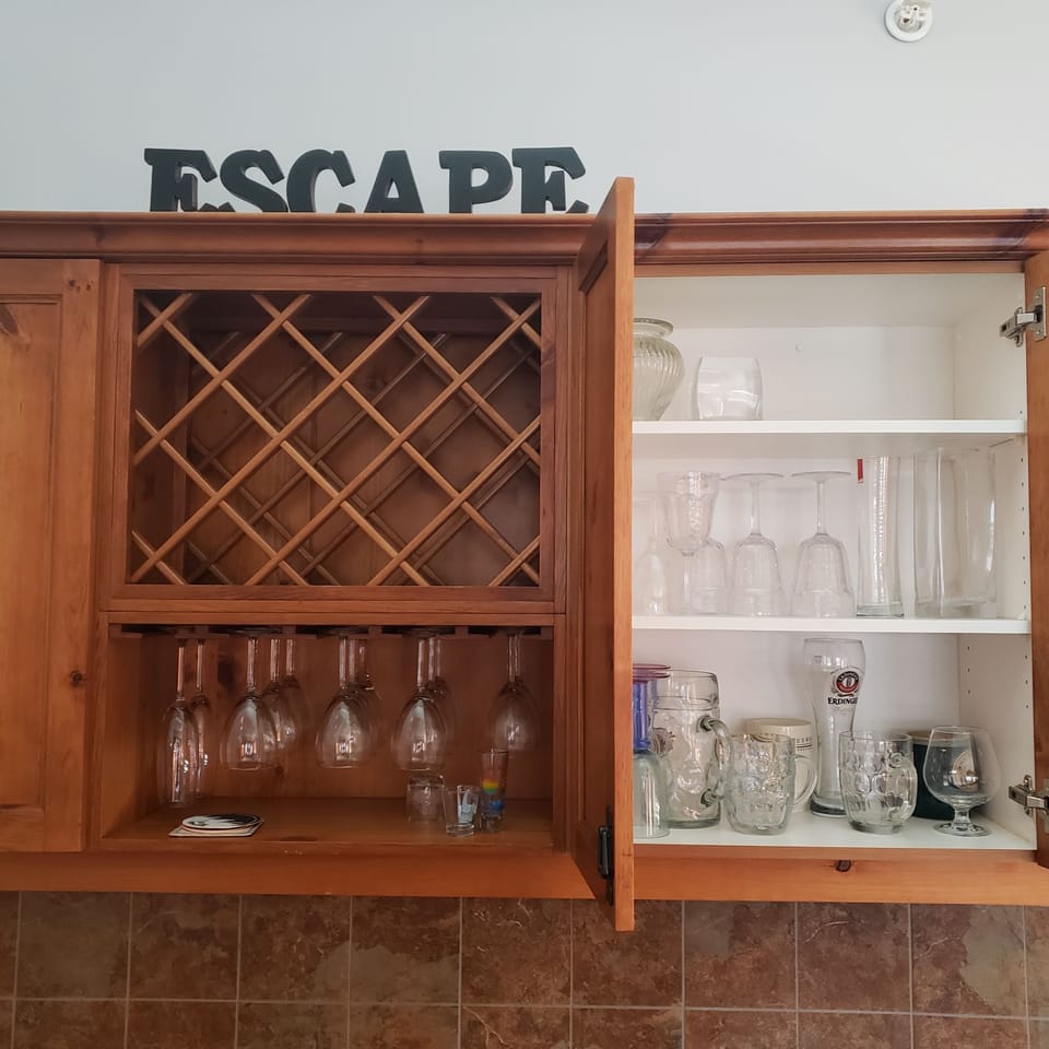 Bar area additional storage for food and wine glasses, plastic glasses