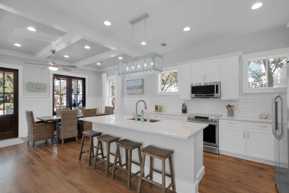 Brand new white kitchen with convection oven, composite sink, fully furnished. 