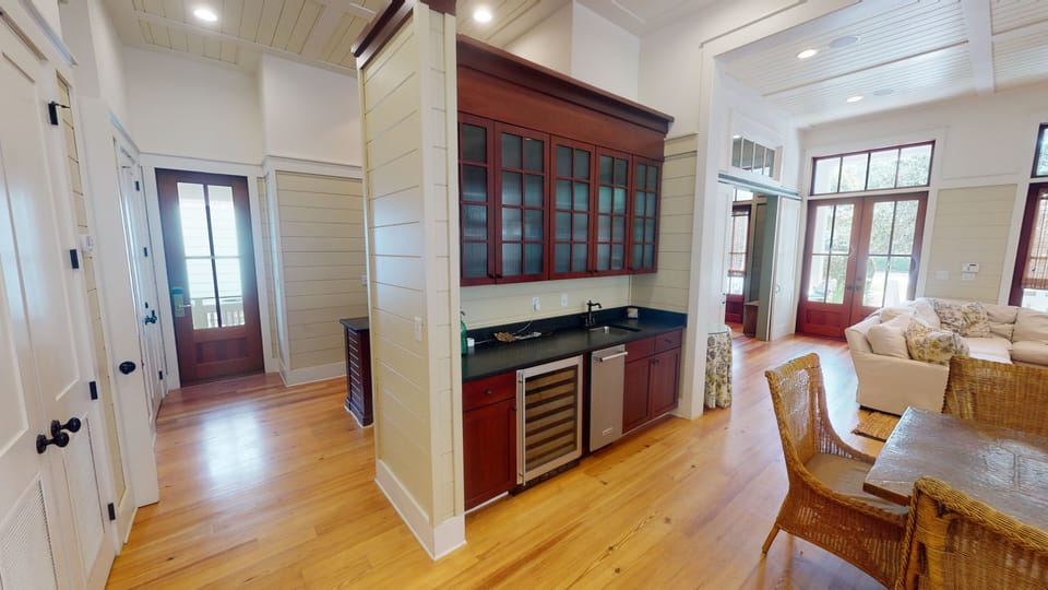 Wet Bar and Hallway to Porch and Second Floor