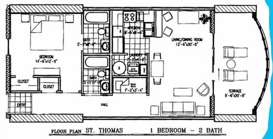 Example Floor Plan. Please see our photos and descriptions for actual furniture and furnishings.