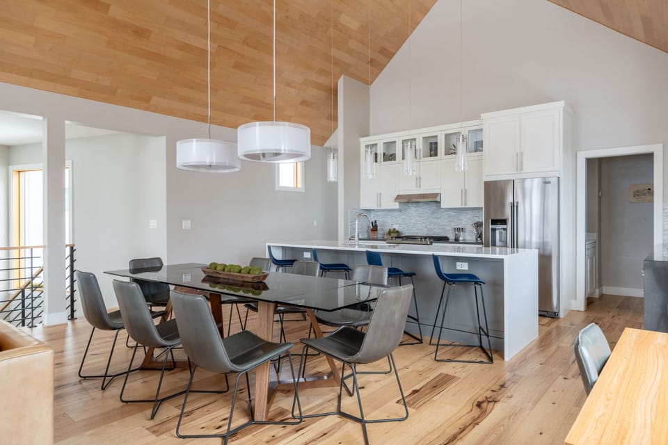 Ready for dinner? You can host eight at the table and four at the kitchen island