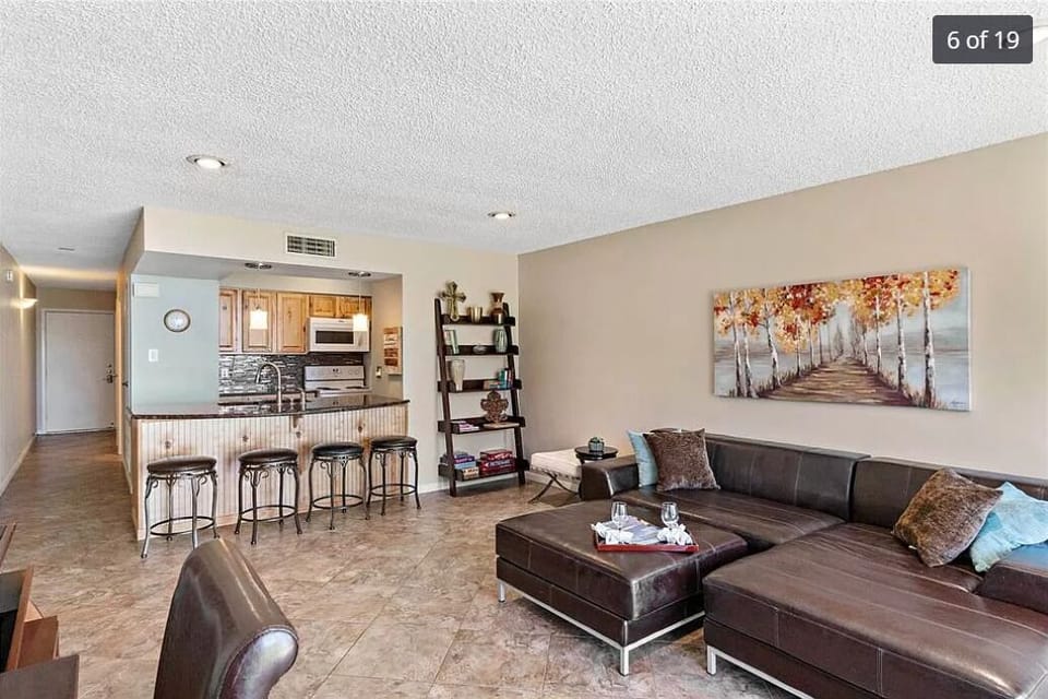 Spacious living area with counter height bar. Leather sofa to relax and sleep. 