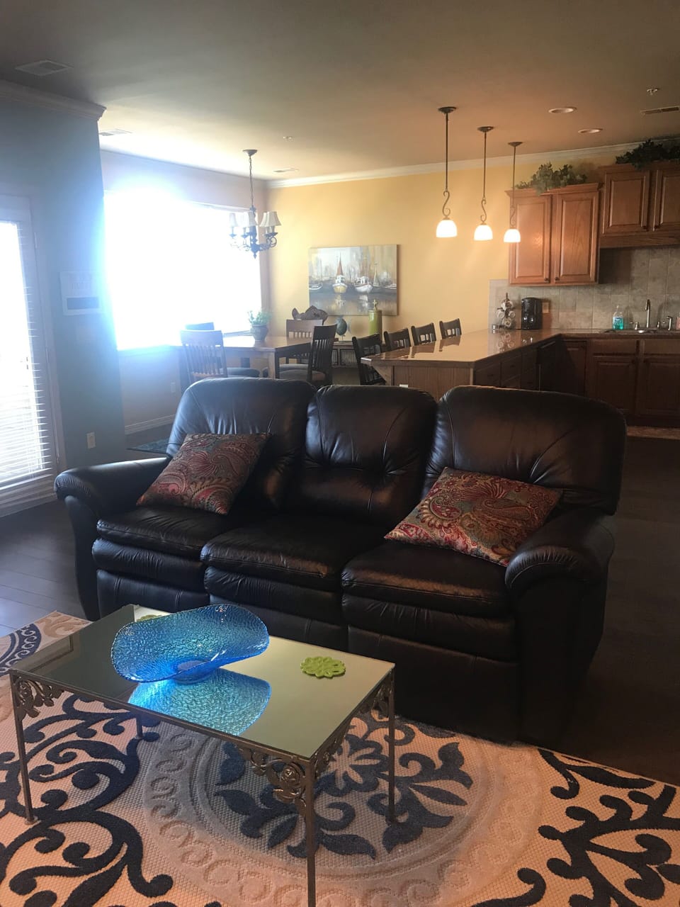 Living area looking into kitchen and dining area