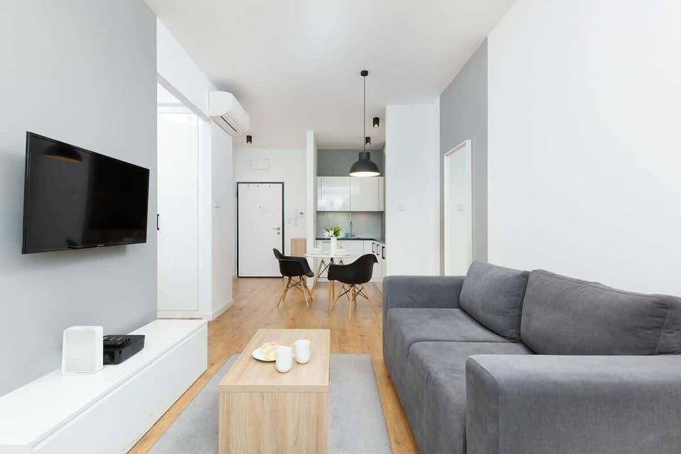 The living room includes a fold-out sofa that doubles as a bed. Bright walls, wooden flooring, and simple decor create a comfortable and functional space.