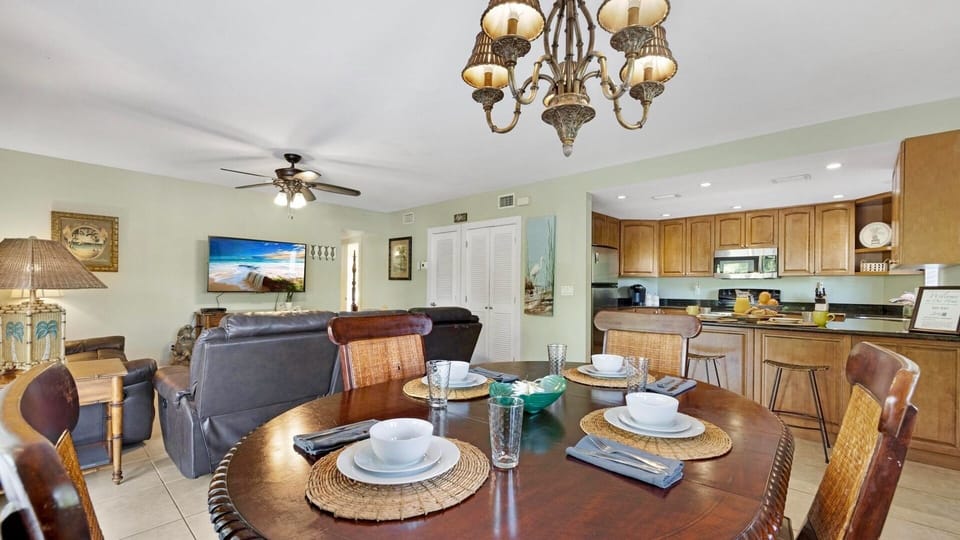 The indoor dining table seats four comfortably...