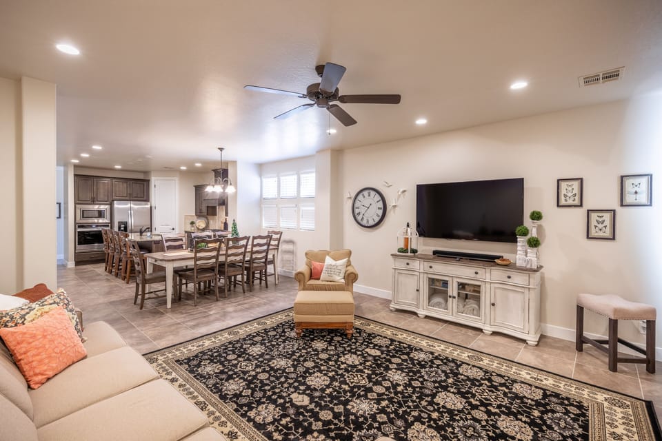 Family Room - Beautiful view from the side door showing the living room, dining room, and kitchen.