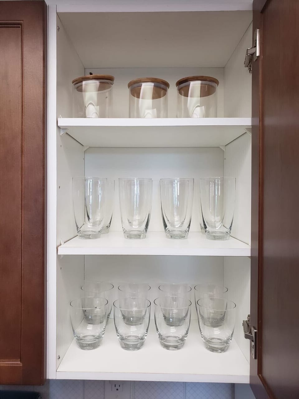 Organized kitchen cupboards.