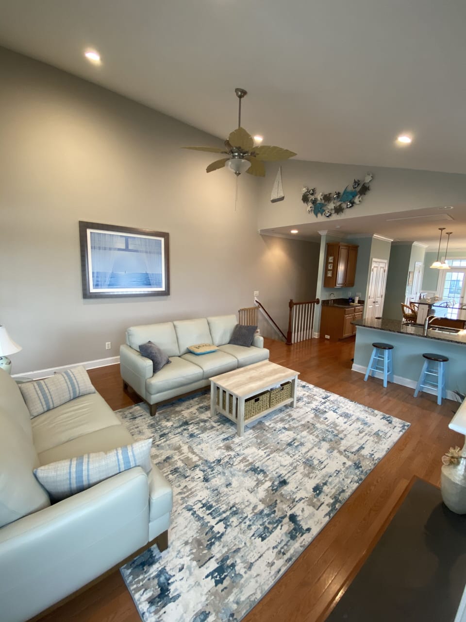 Beautiful newly decorated great room with Italian leather sofas. 

