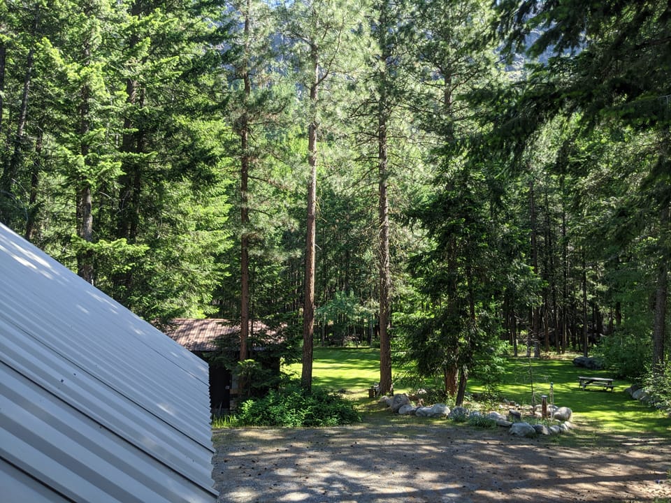 Looking into tree circled lawn area, the property is 5 acres. 