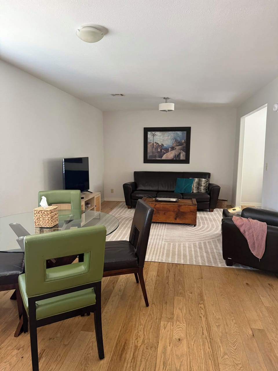 Dining table for four and living area.