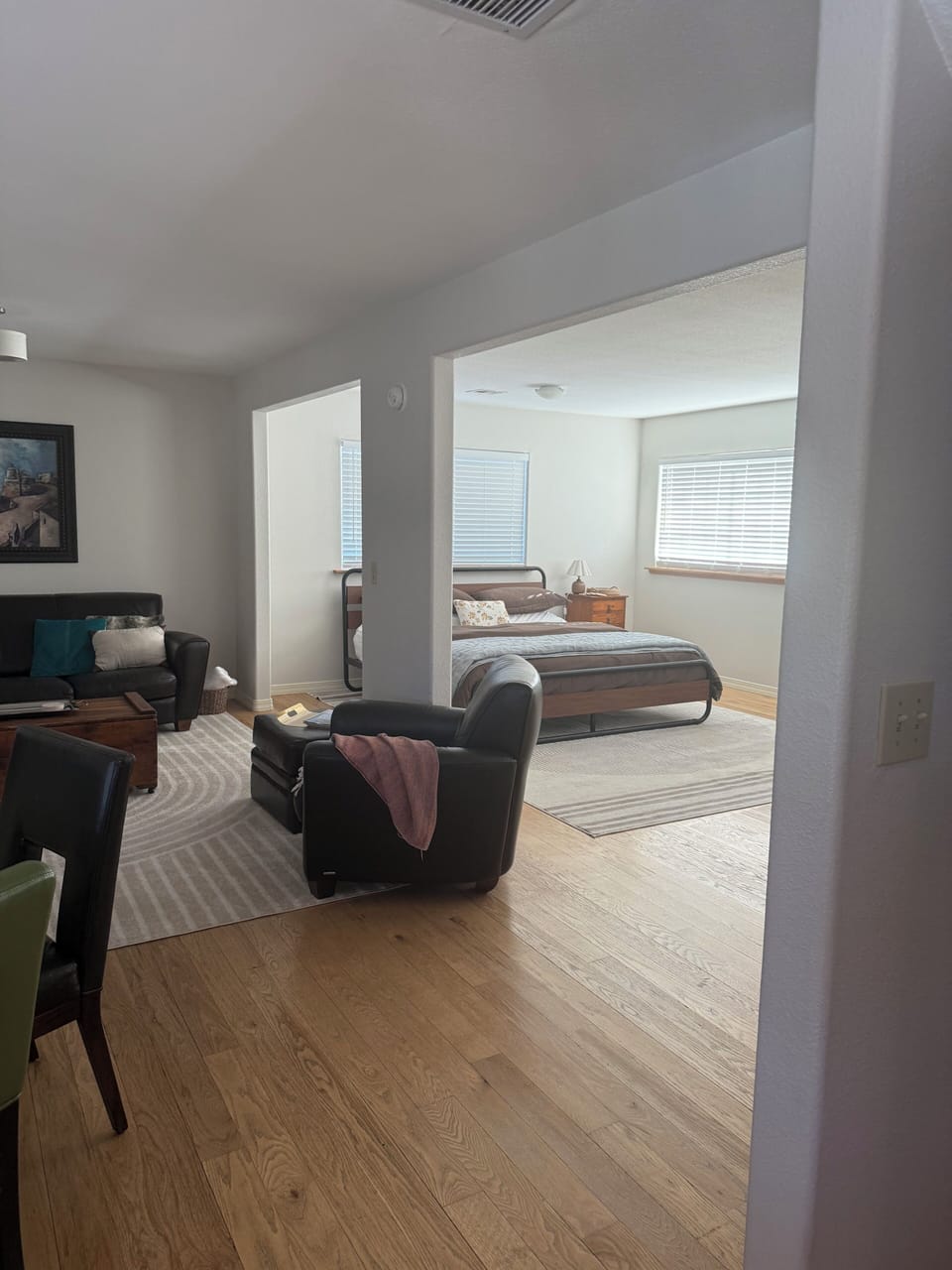 Kitchen, dining table, living room, master bedroom and bathroom.
