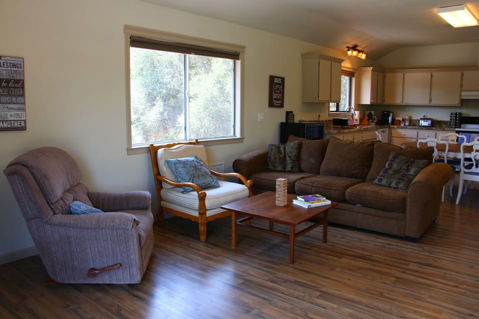 Cozy Great room with plenty of comfy chairs and throw blankets.