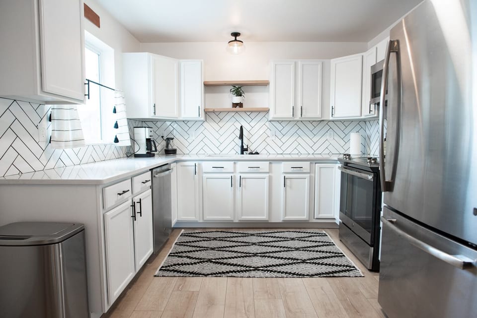 Kitchen with stainless appliances.
