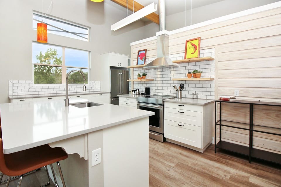 Full kitchen with stainless steel appliances