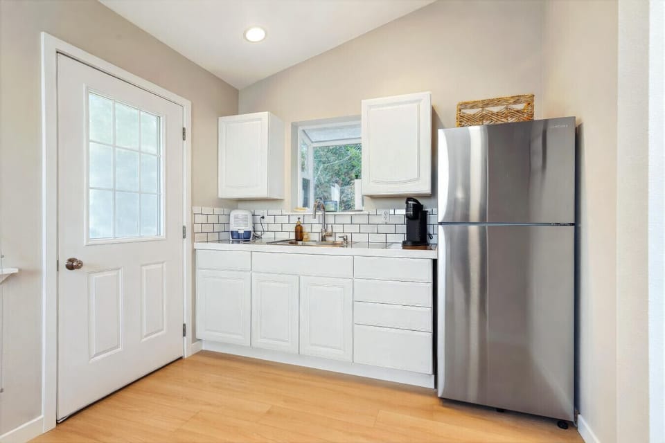 Casita includes: Queen Bed, Bathroom, Kitchenette, balcony, and workspace