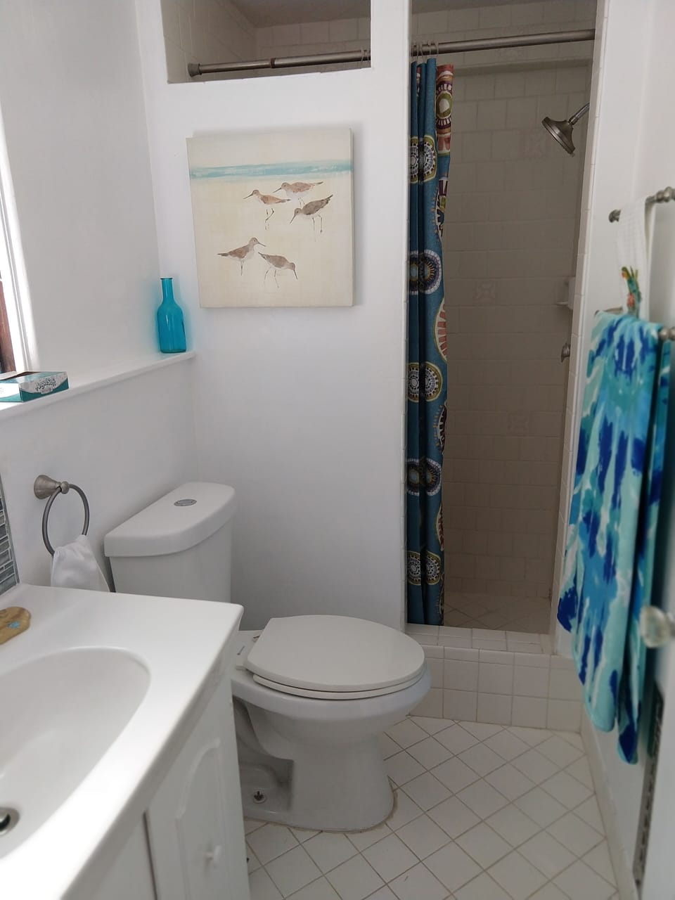 Bathroom has standard sink, toilet, and shower (no tub)