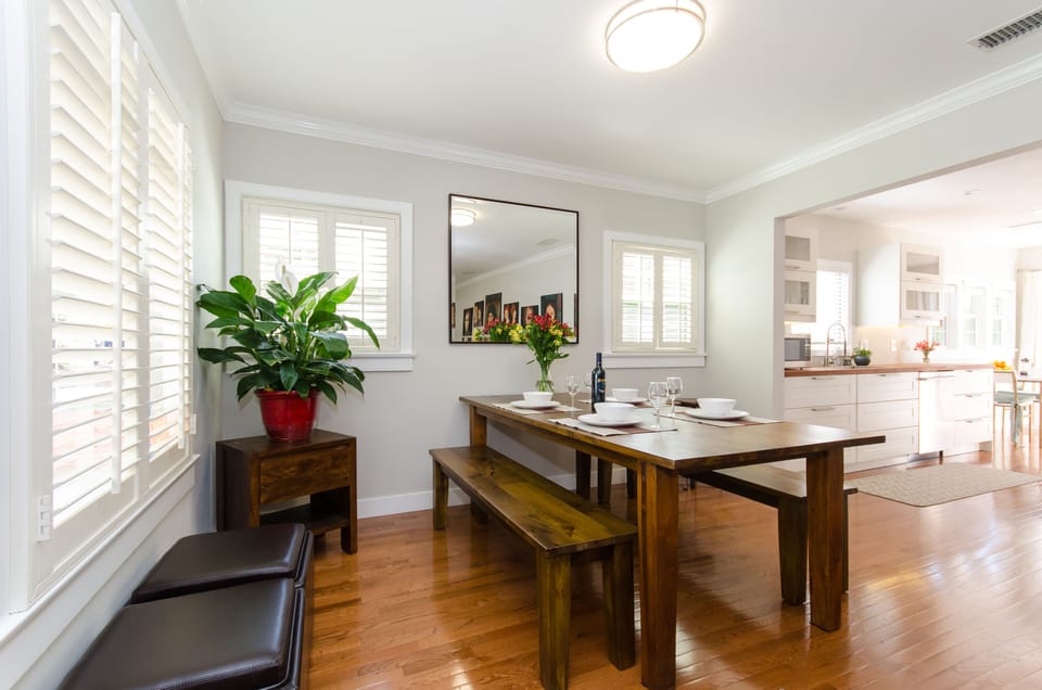 Large dining room table is perfect for  meals, or a computer space for working.