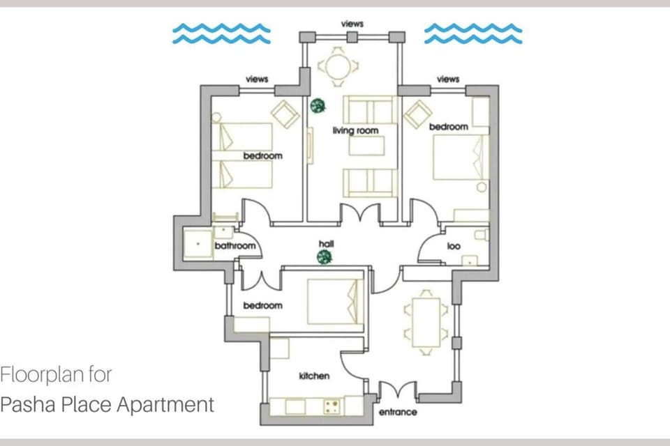 Floor plan to show the very comfortable layout and positioning of 3 double bedrooms (two with and one without views).