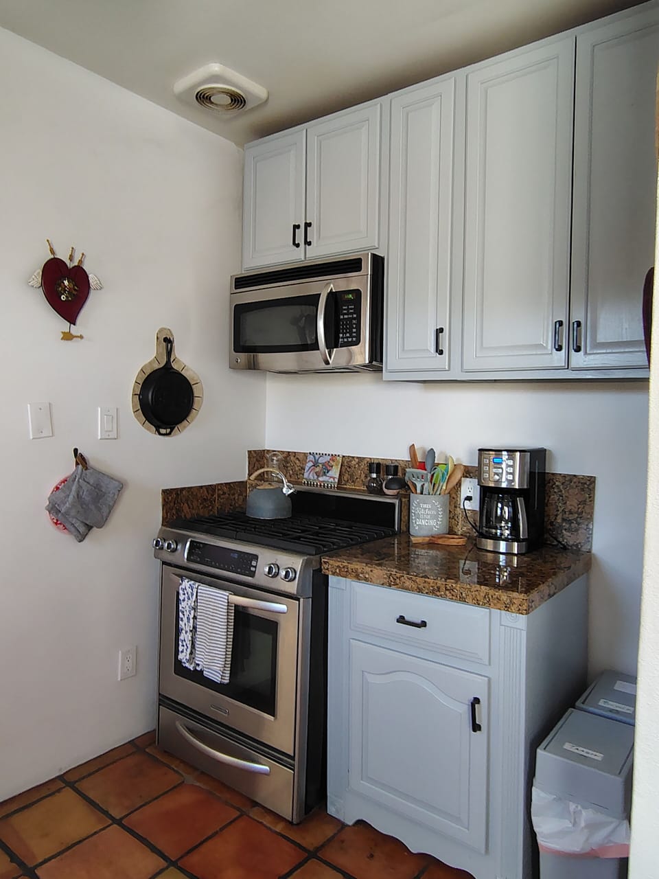 Gas stove, drip coffee pot and microwave