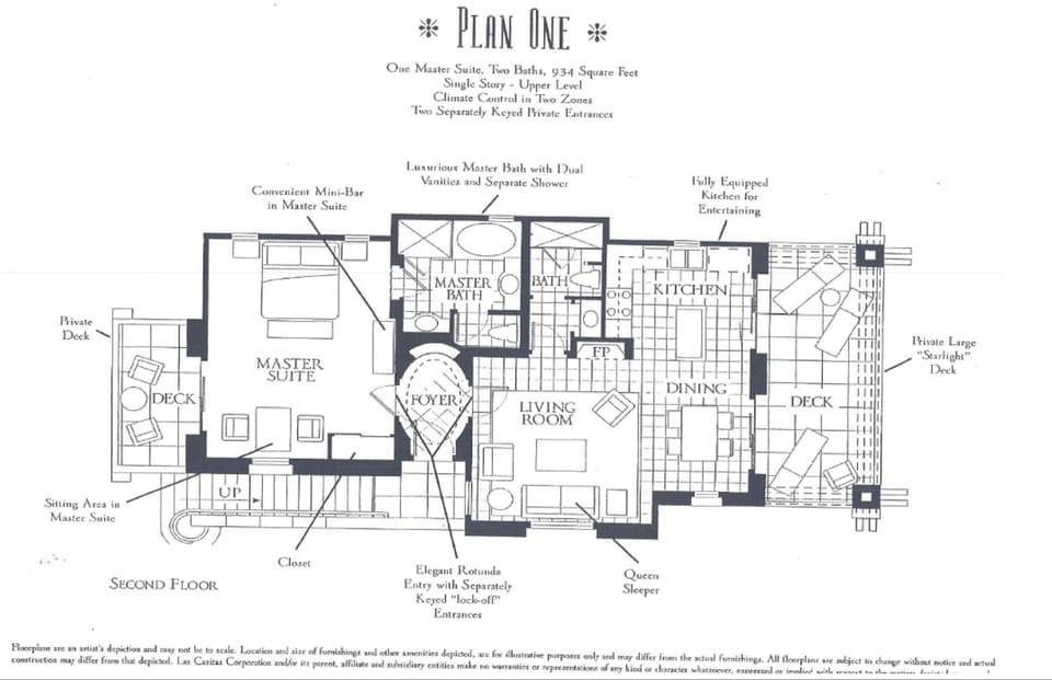 Floor plan, 934sq ft.
1Bd, 2 bath, Sleeps 5, Free Standing Detached Villa.