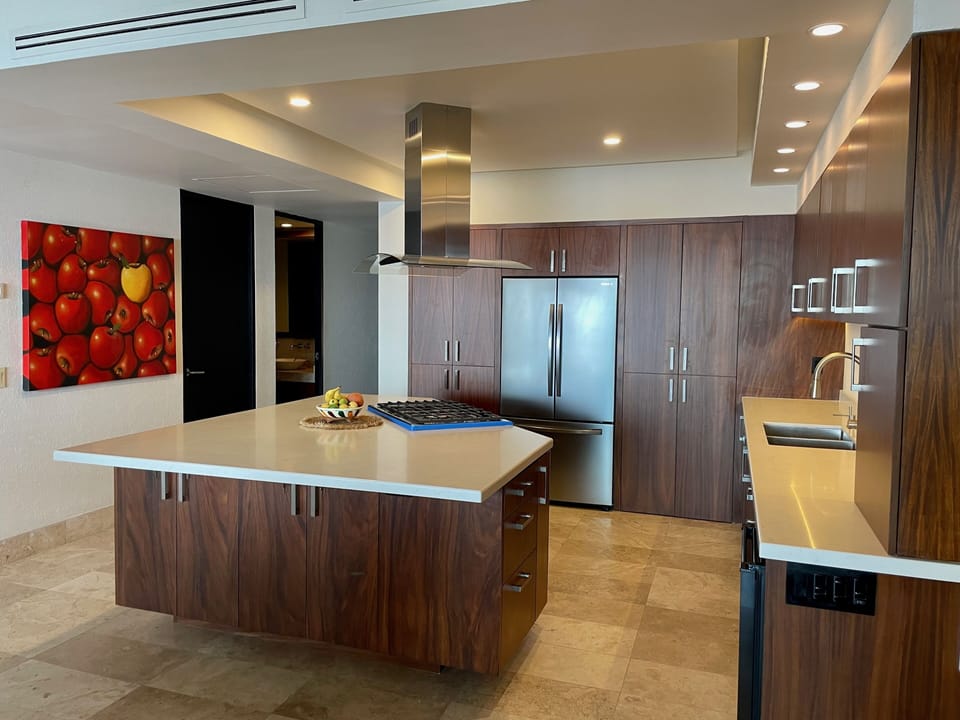 Newly renovated open plan kitchen with large island

