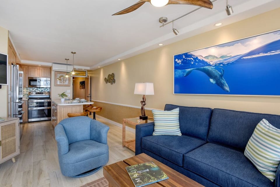Open floor plan designed to maximize space. Sofa converts to full-size bed