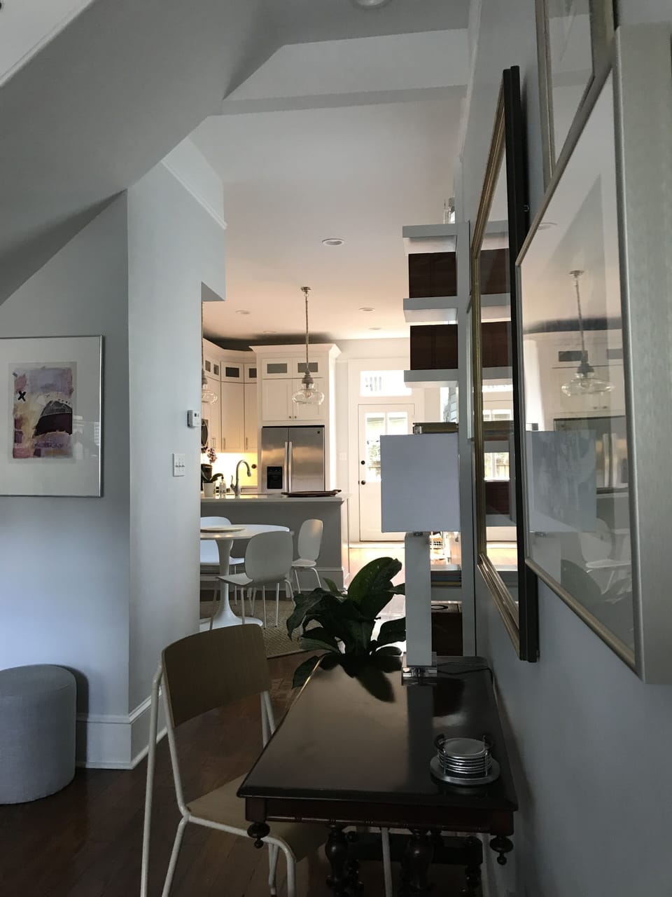 View from living room into large kitchen.
