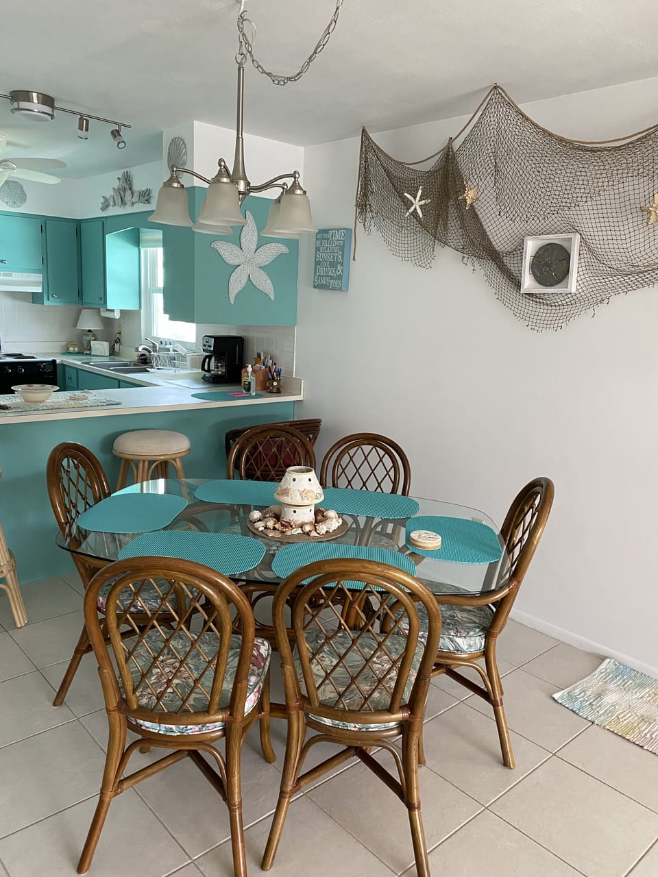 Dining table seats 6. # counter bar stools.