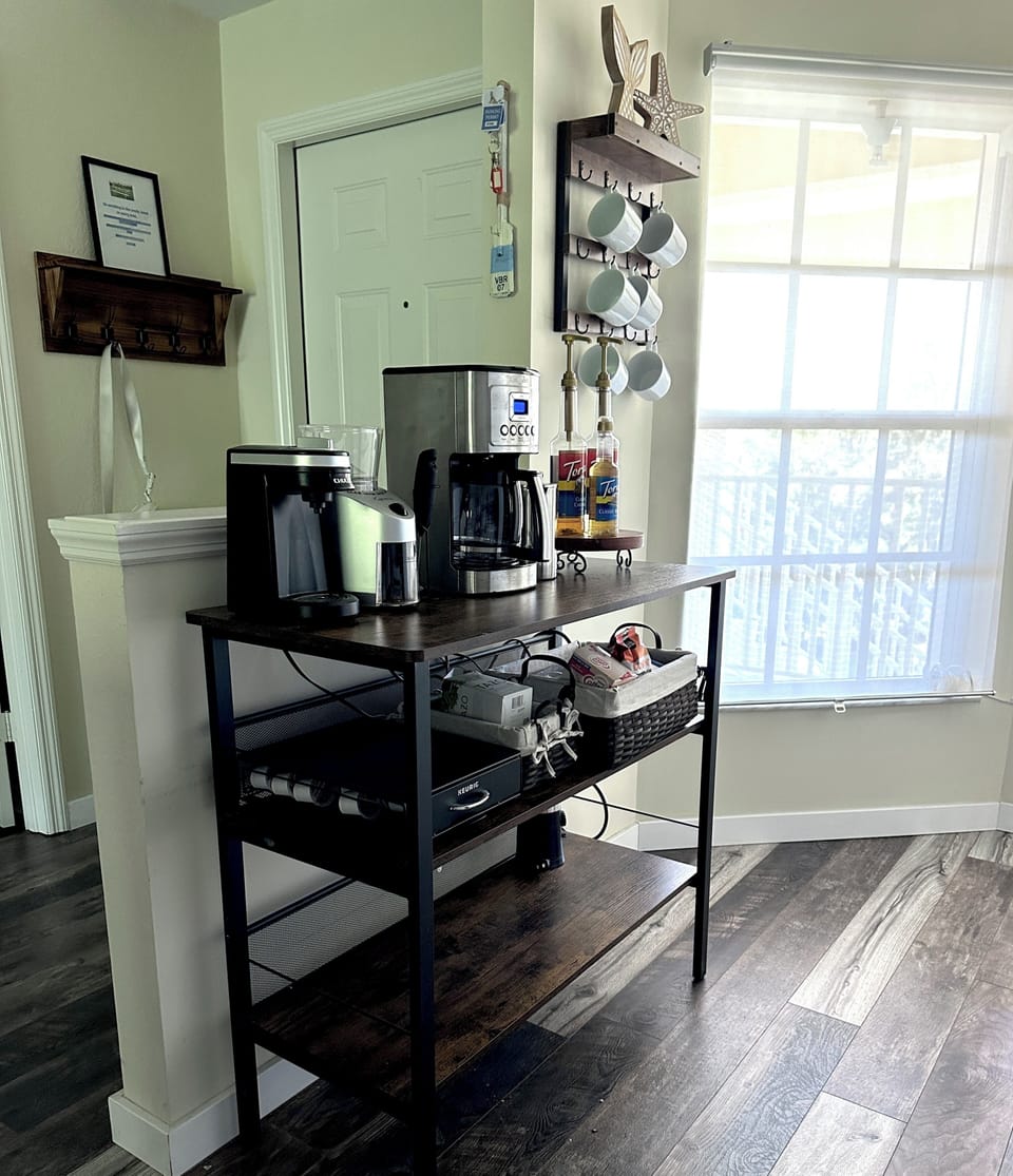 Coffee bar with k cup, 12 cup,  and bean grinder for coffee press or cold brew. 