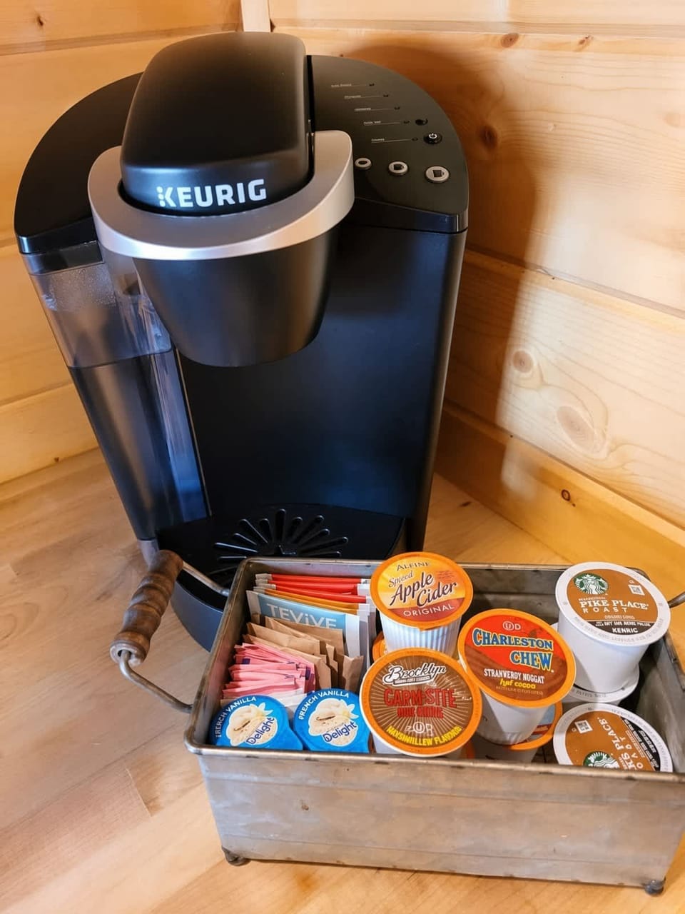 Coffee, Tea, Coco, Cider, and decaf.