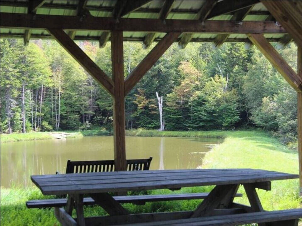 Pavilion by fire pit overlooking pond