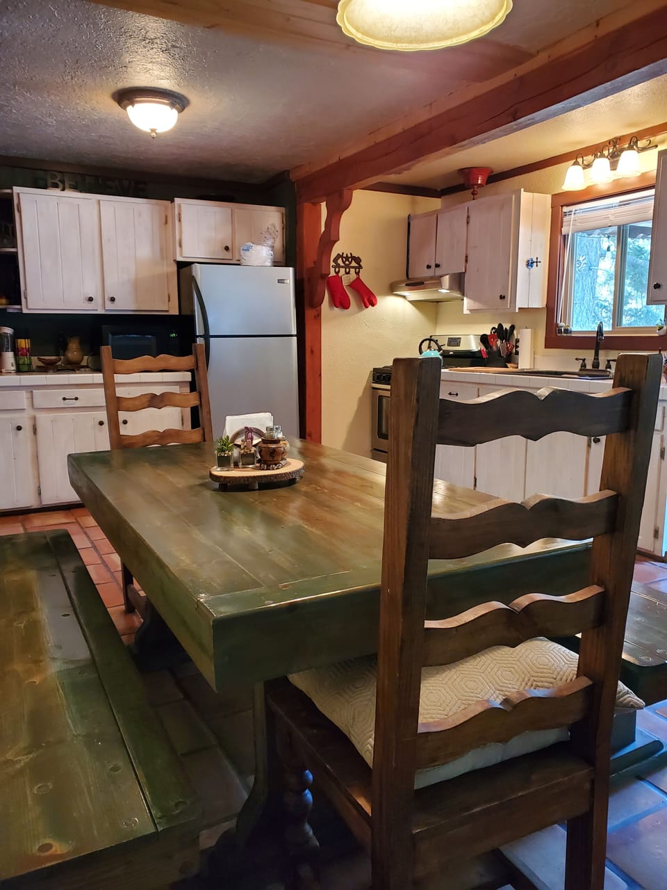 Artisan made wood dining area in open Living Dining Kitchen
