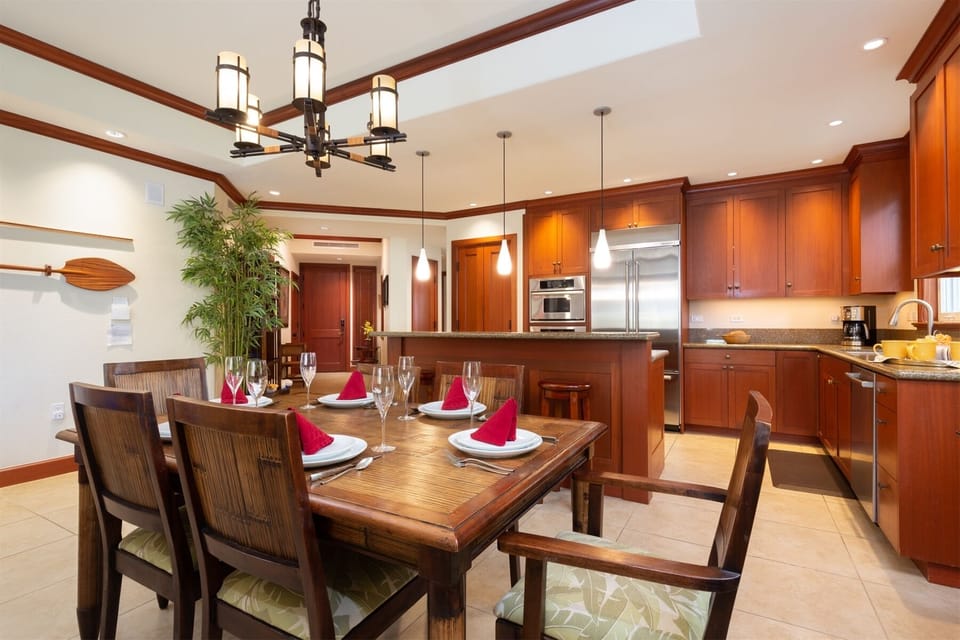 Dining area with open view into the kitchen.