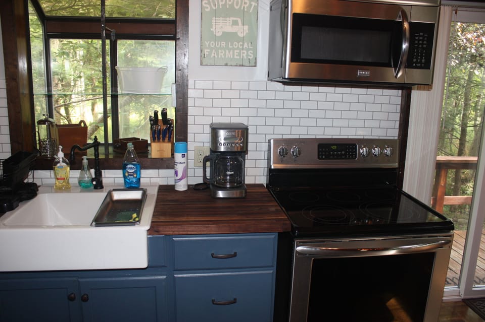 Farm Sink, Coffee Pot, Electric Range, Microwave