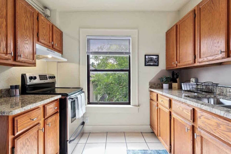 The kitchen is fully stocked with everything you'll need to stay in for a meal!