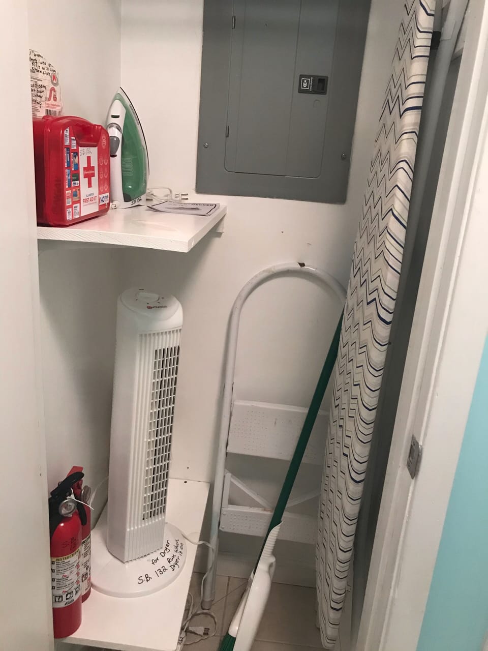 Front Door Closet - Fire Extinguisher, First Aid Kit, Iron/Iron Board, Ladder