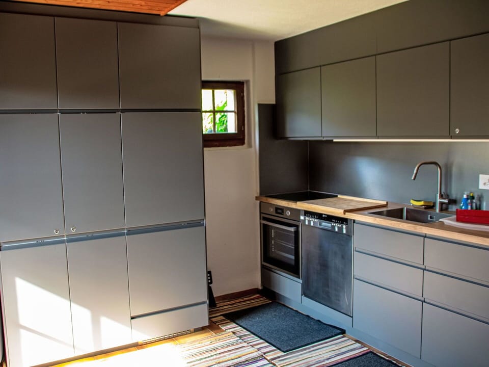 Kitchen, Flooring, Cabinetry, Kitchen Appliance, Wood, Interior Design, Countertop, Furniture, Floor, Major Appliance