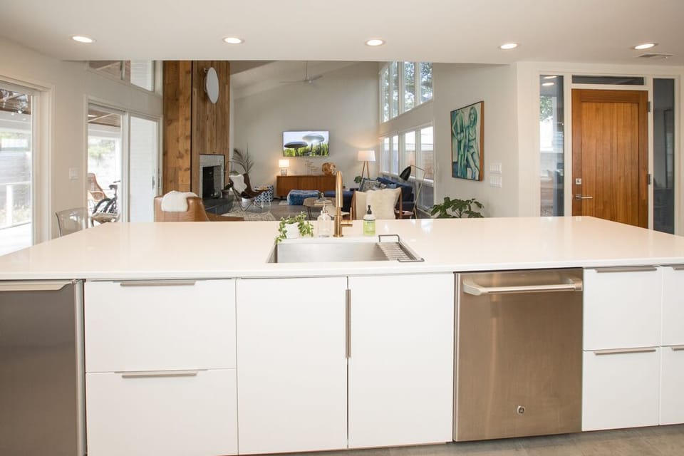 View of main living area from open design kitchen