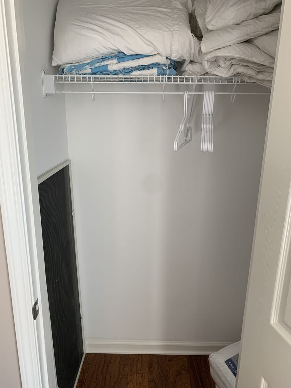 closet with extra linens for couch